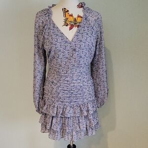 Astr The Label Blue Floral Ruffle Long Puffed Sleeve Midi Dress With Ruching Med